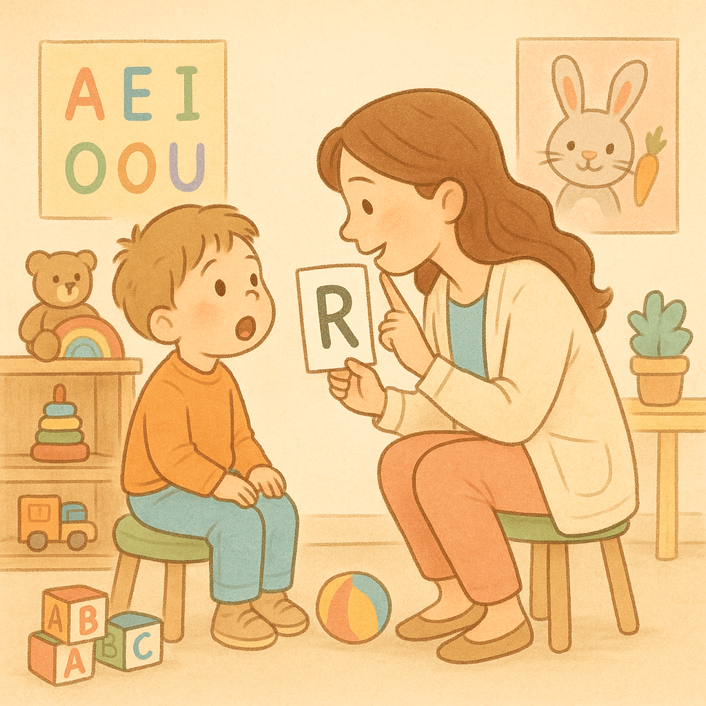 5 yaşındaki bir çocuk konuşma terapistinde R harfini söylemeyi öğreniyor