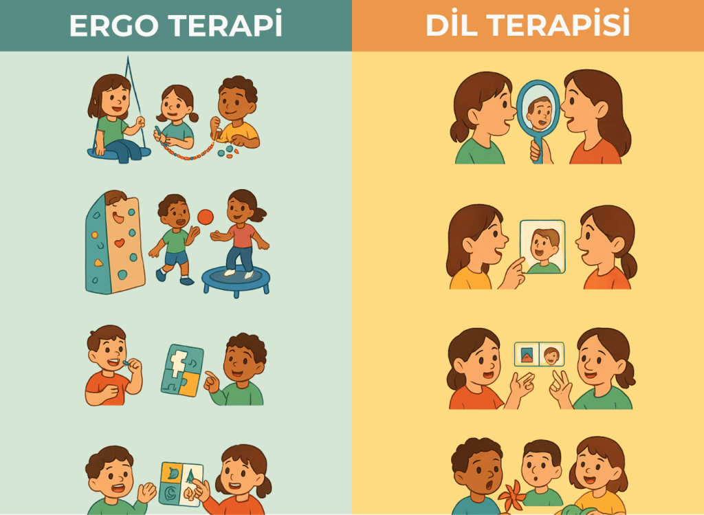 Ergoterapi ve Dil Terapisi uygulamalarını yan yana gösteren bilgilendirici, canlı renklere sahip bir infografik