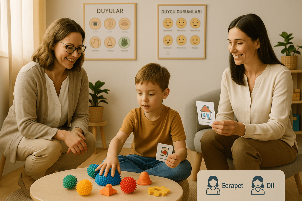 Ergoterapist ve Dil Terapisti iş birliğiyle; motor becerileri, iletişim ve günlük yaşam aktivitelerinde çocuğunuzun potansiyelini destekliyor.